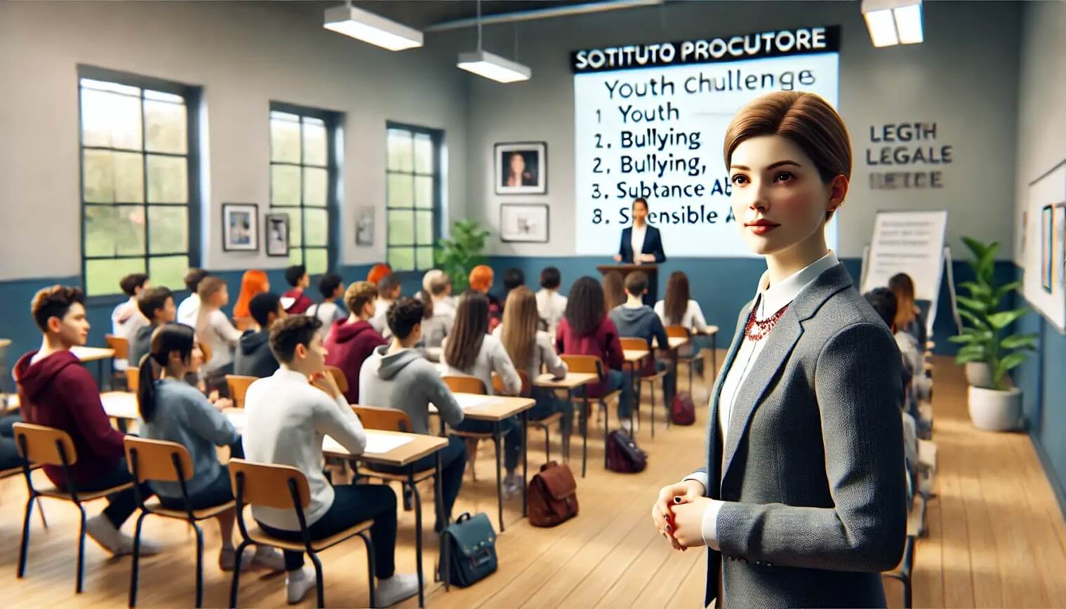 immagine con una classe di alunni e una procuratrice che tiene una lezione