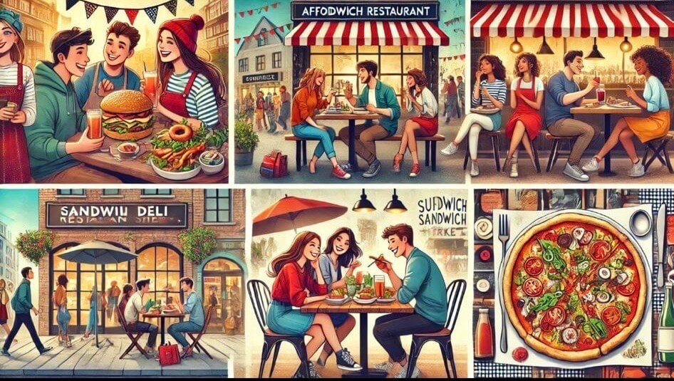 immagine con vari locali e persone che mangiano