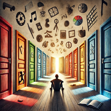 figura seduta a terra in un corridoio con molte porte colorate