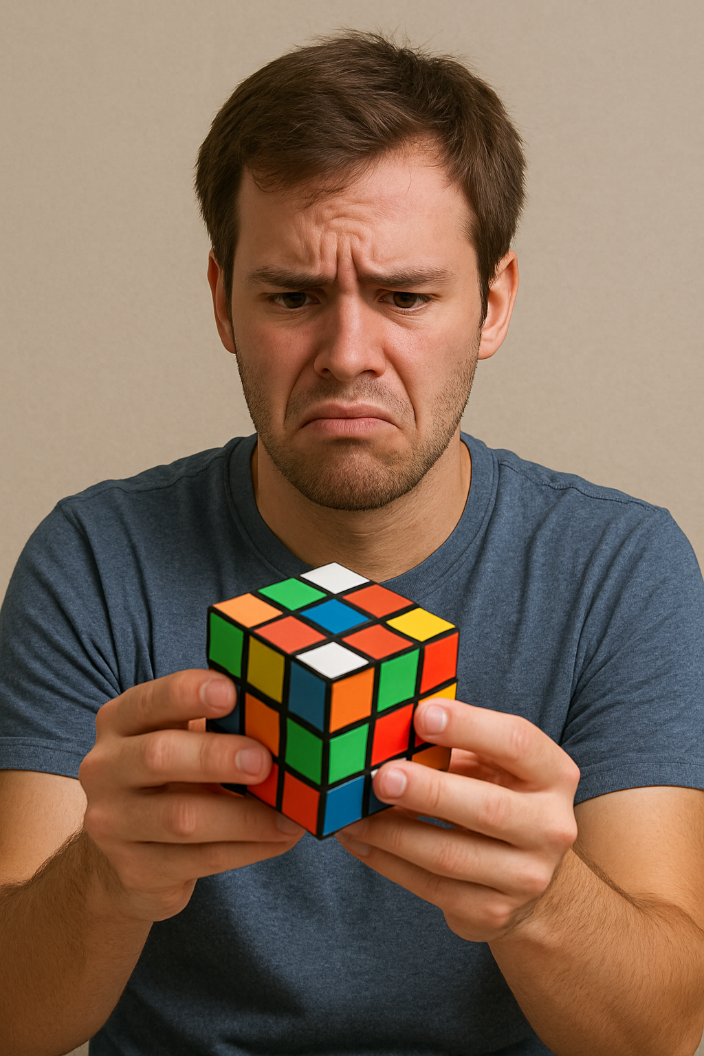 immagine di un uomo visibilmente confuso a causa della difficoltà d'uso del cubo di rubik
