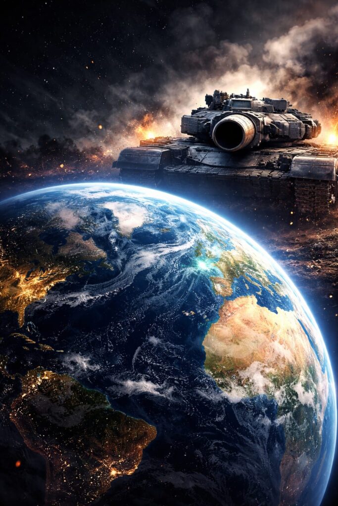L'immagine contiene il pianeta Terra posto in primo9 piano, sul quale incombe la minaccia di un carrarmato, che metaforicamente simboleggia la guerra
